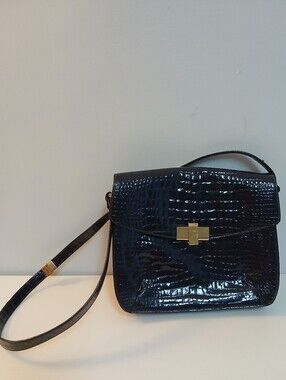 Vintage Saks Fifth Ave Patent Leather Croc-Embossed Shoulder Bag in Navy